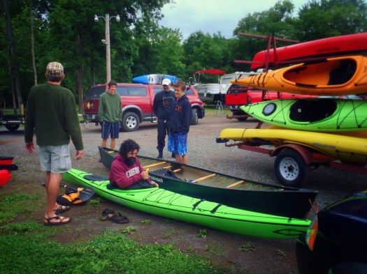 Tony tests the fit of the Current Designs Squamish, one of the new shop boats that we both got to try that weekend.
