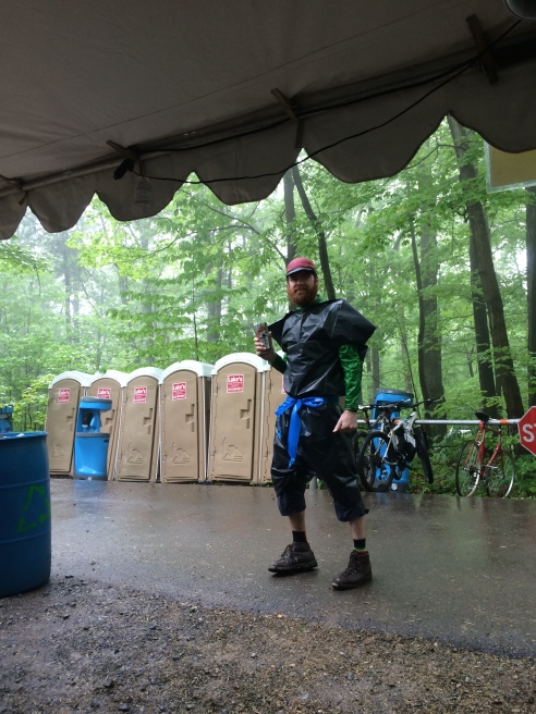 On Sunday morning, it rained and everyone left. Also, Evan made a rain suit out of a trash bag. And made himself look like a Transformer.